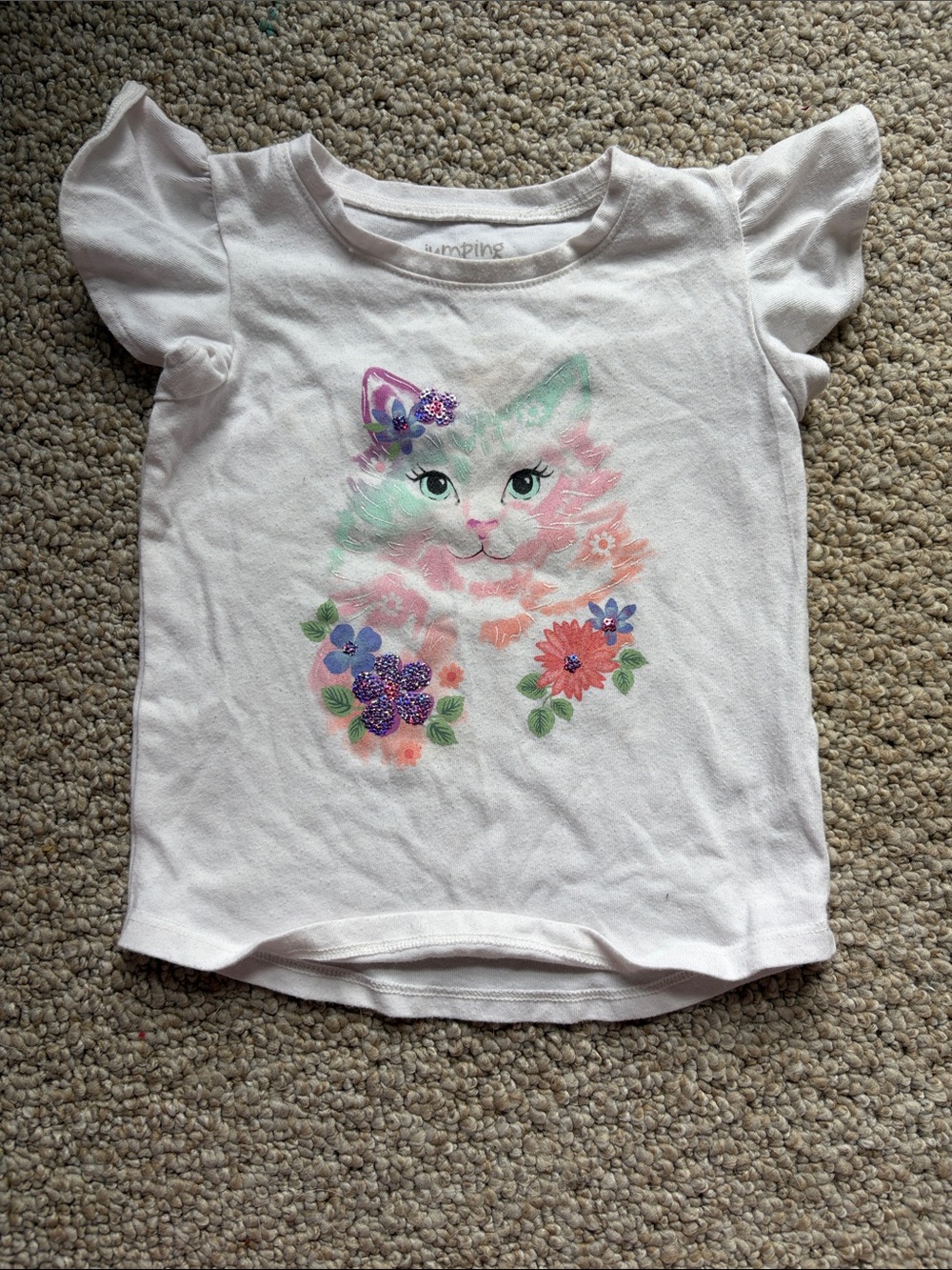 jumping beans White Short Sleeve Tee with Pastel Cat & Floral Accents